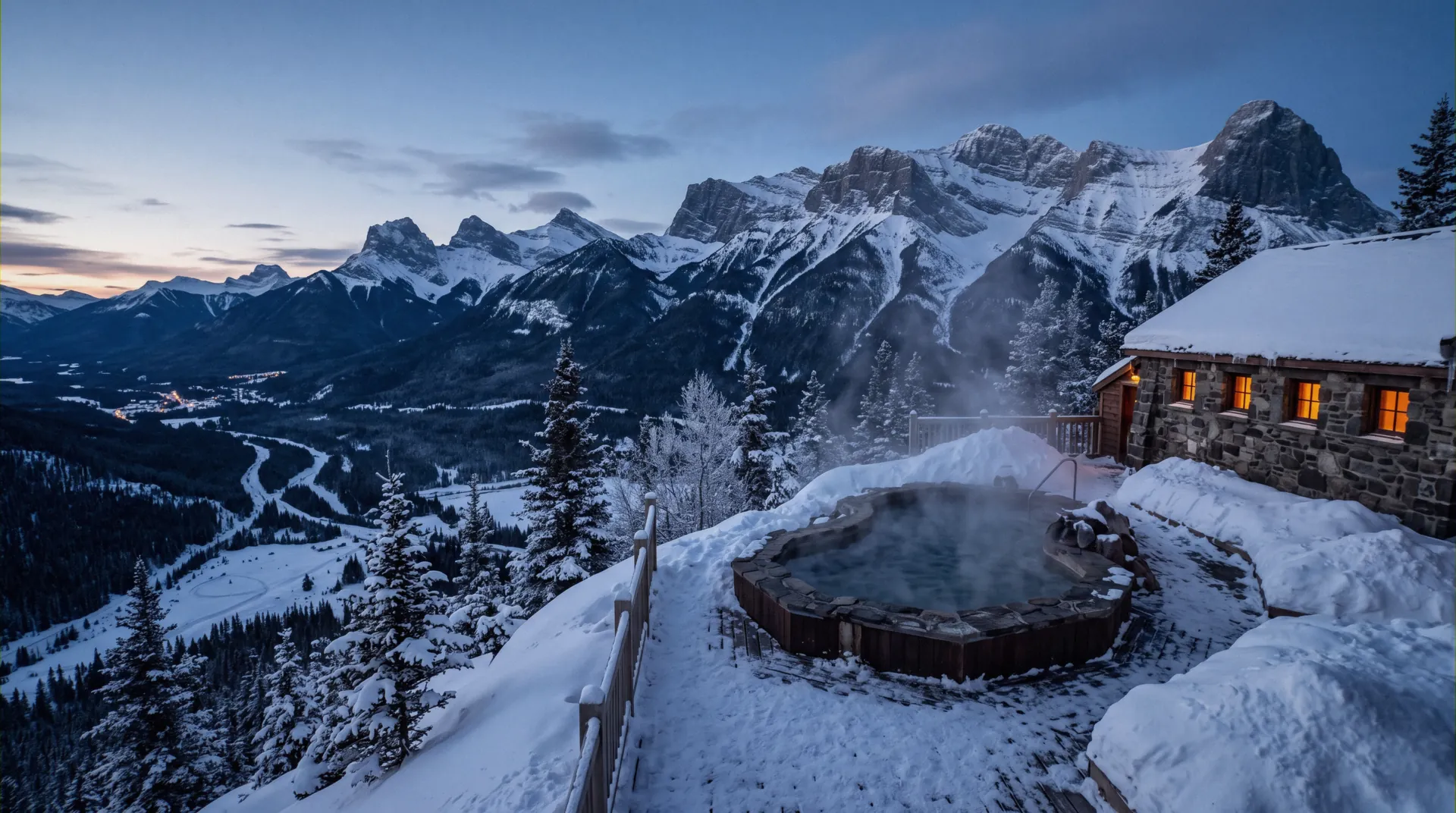 Bathers in the steaming outdoor pool at the Banff Upper Hot Springs below Mount Rundle, Banff National Park, Alberta