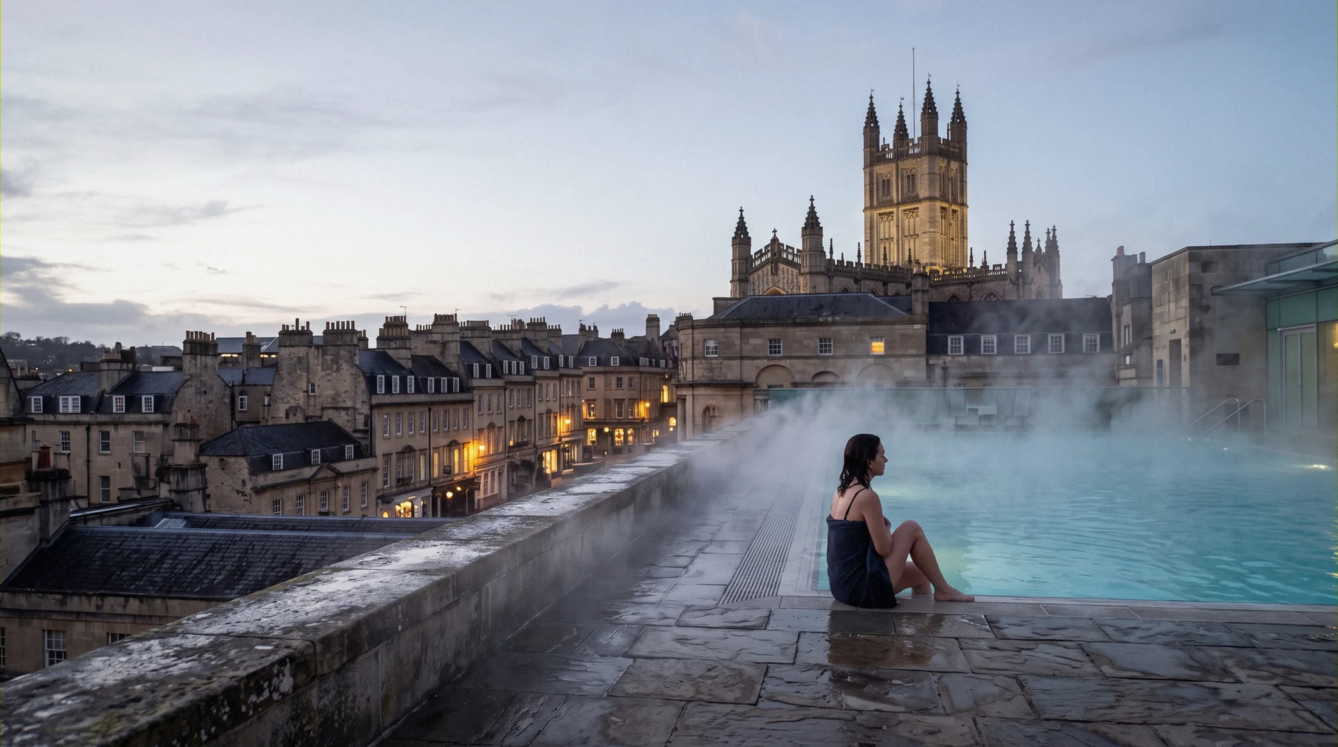 Steam over the open-air rooftop thermal pool at Thermae Bath Spa, the thermal spa hotels hub of Bath, England