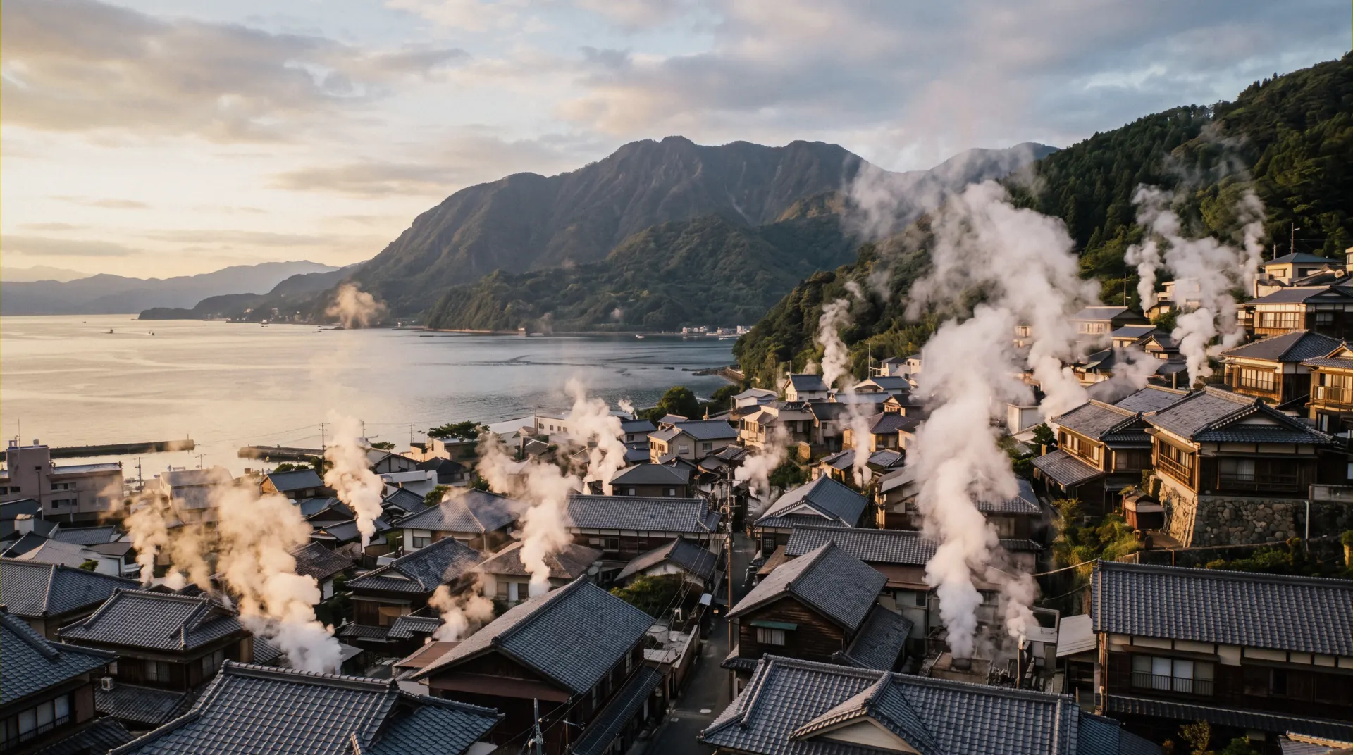 Geothermal steam over the rooftops of the Beppu onsen districts with Beppu Bay behind, Oita, Japan