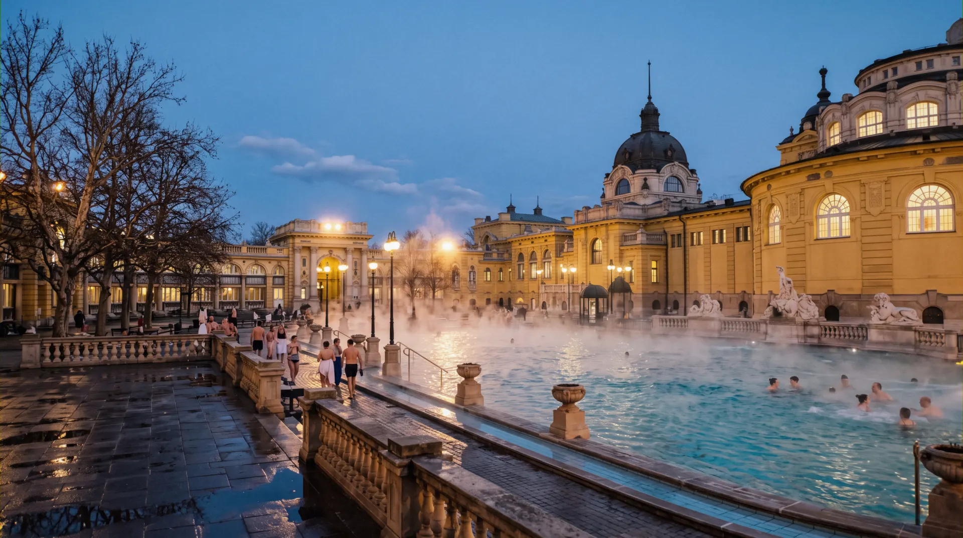 Bathers in the neo-baroque outdoor pool at the thermal baths in Budapest, Hungary, with steam rising