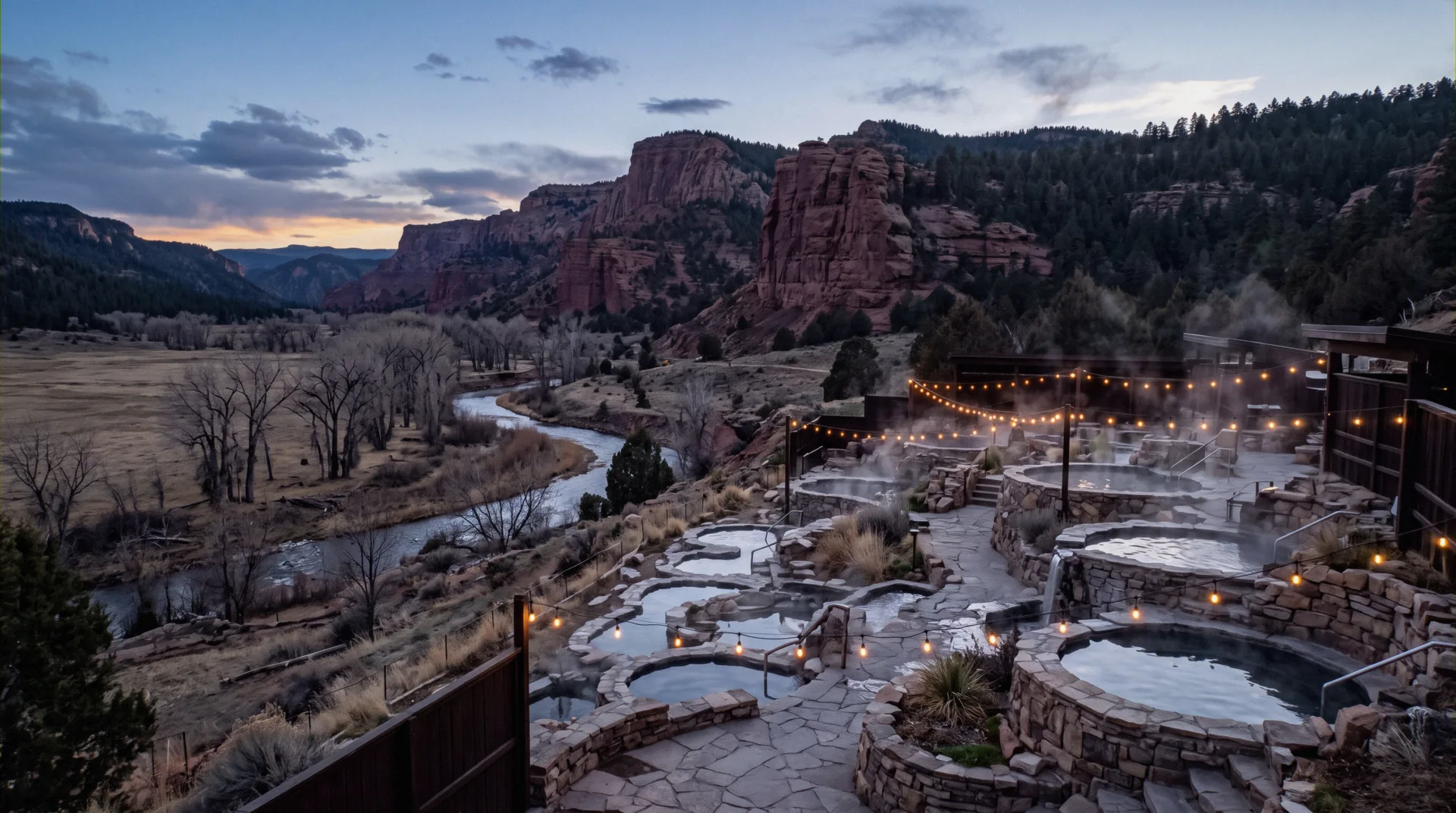 Terraced mineral pools steaming below the Animas Valley cliffs at the Durango hot springs, Colorado