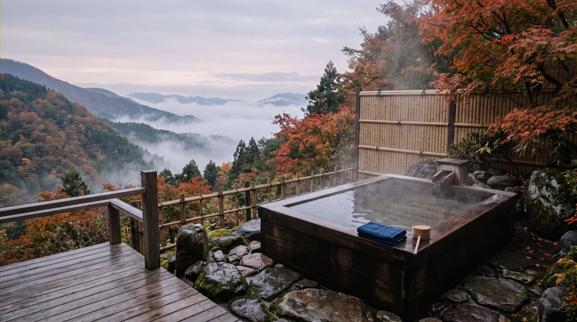 Steaming open-air rotenburo among cedars at a Hakone onsen ryokan, Kanagawa, Japan