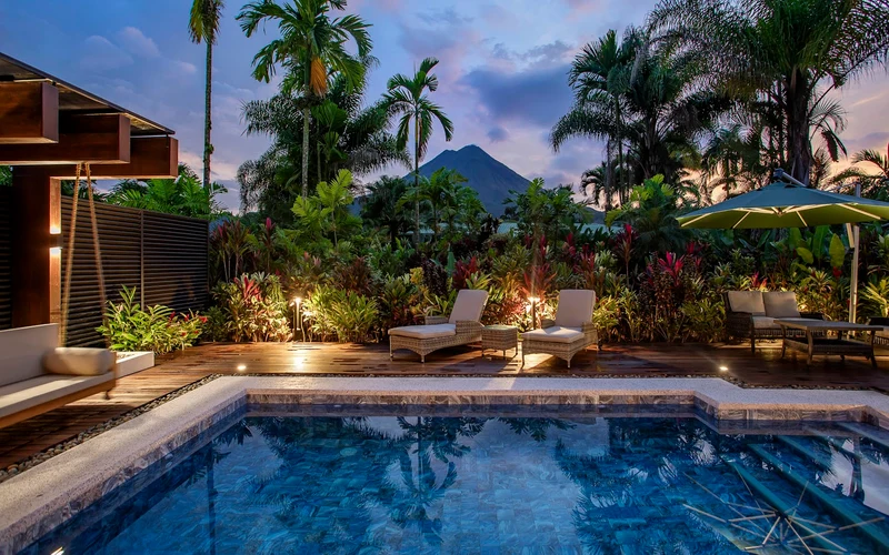 Guest-only hot spring pools and volcano view at Arenal Manoa, the Arenal hot springs near La Fortuna, Costa Rica