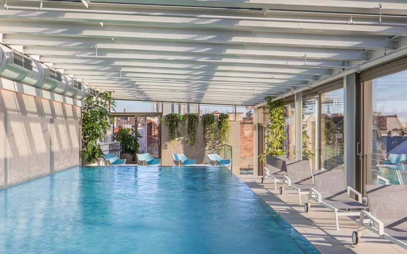 Cortile Hotel rooftop pool in central Pest near the thermal baths in Budapest, Hungary