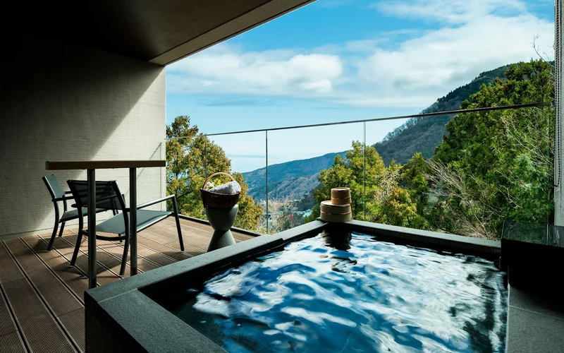 Hakone Gora Karaku guest room with private open-air bath and mountain view, Hakone onsen ryokan hotels, Japan