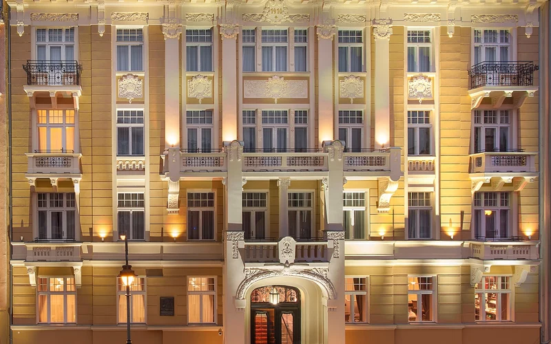 Luxury Spa Hotel Olympic Palace above the Market Colonnade springs in Karlovy Vary, Czechia