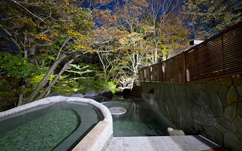 Madoka no Mori guest-room open-air onsen in Gora woodland, Hakone onsen ryokan hotels, Japan