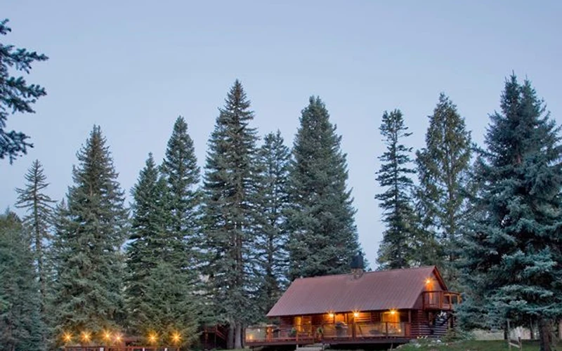 Riverside log cabins at O-Bar-O Cabins east of the Durango hot springs in San Juan National Forest, Colorado