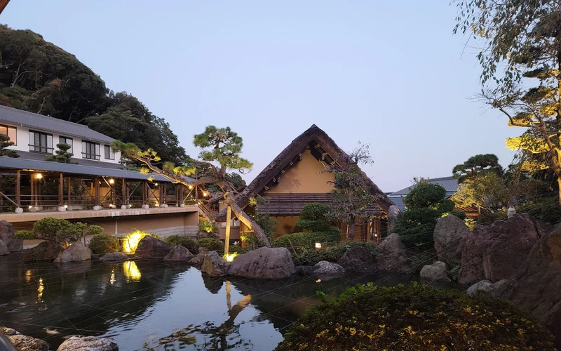 Garden ryokan with source-fed room baths at Sanso Kannawaen in the Kannawa district of Beppu onsen, Oita, Japan
