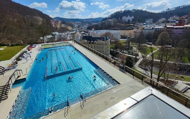 The outdoor thermal pool above Spa Hotel Thermal, the only thermal spa hotel pool in Karlovy Vary, Czechia