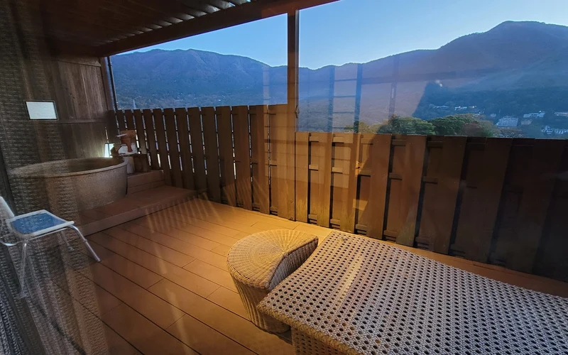 Tensui Saryo open-air communal bath and footbath cafe by Gora station, Hakone onsen ryokan hotels, Japan