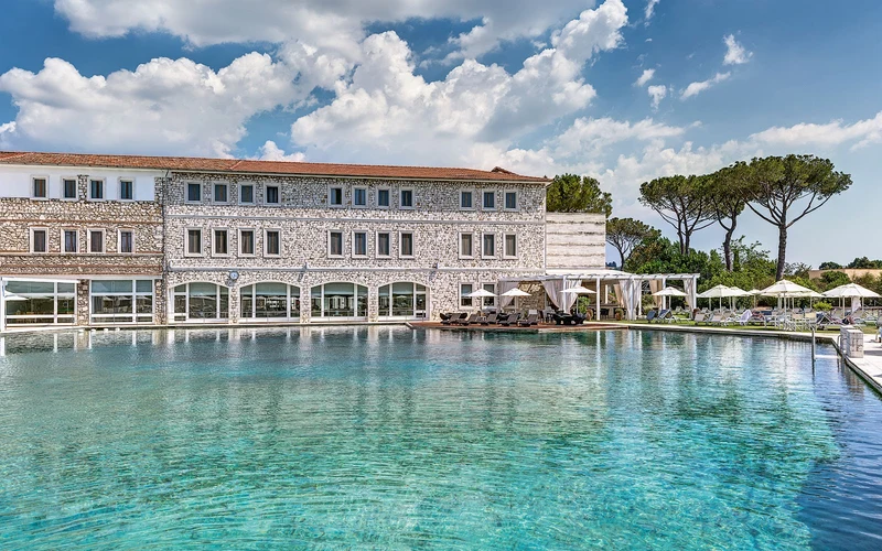 Thermal lake and terraced pools at Terme di Saturnia Natural Spa & Golf Resort, the Saturnia hot springs in Tuscany