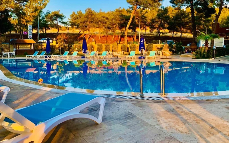 Courtyard and pool at White Heaven Hotel Pamukkale, a village base for the Pamukkale hot springs