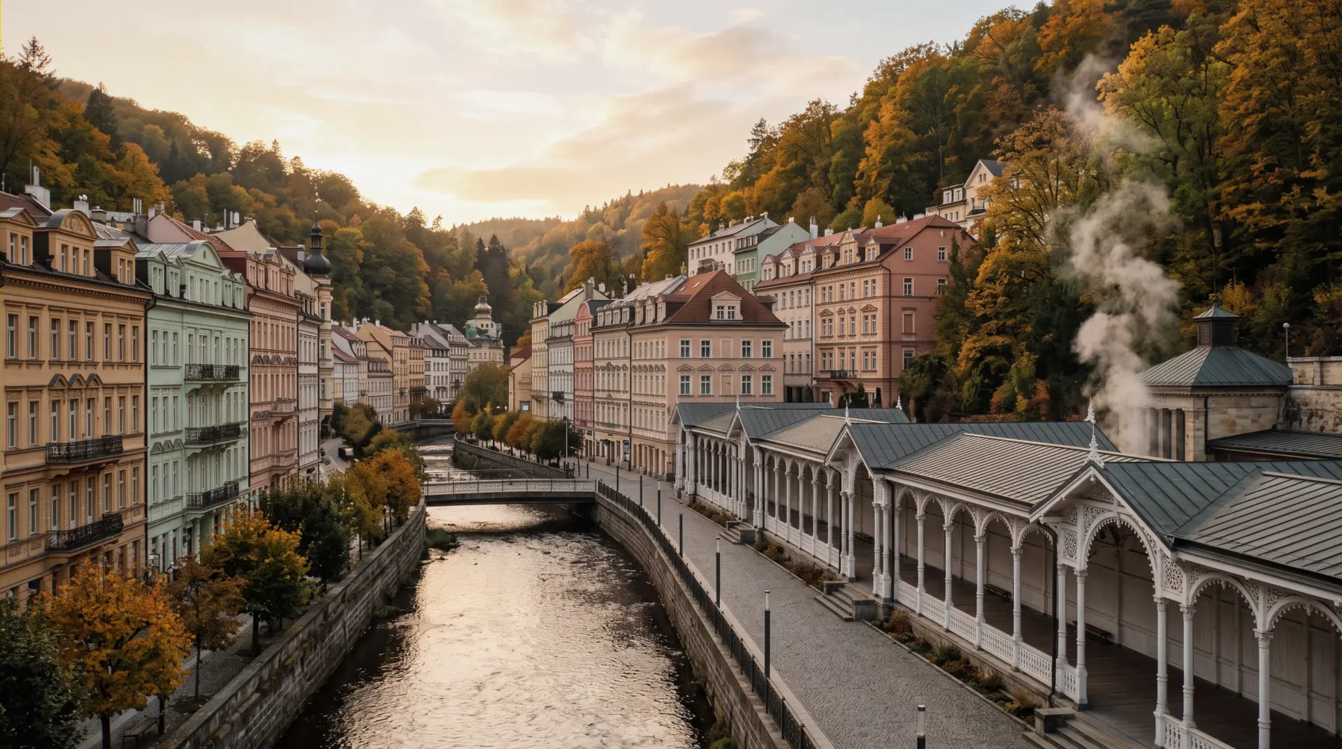 Steam rising over the Mill Colonnade above the Teplá river at the Karlovy Vary spa hotels and thermal springs, Czechia