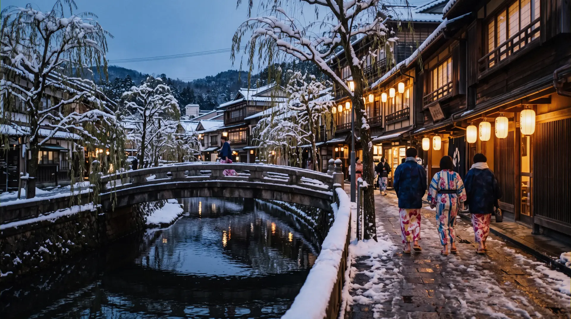 Willow-lined canal and wooden ryokan facades at dusk in Kinosaki Onsen, the hot spring town in Hyogo, Japan