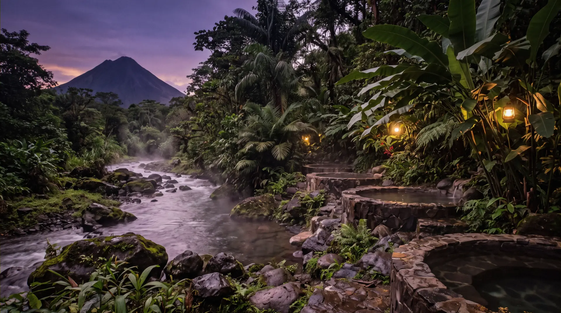 Arenal volcano above rainforest and warm river water at the La Fortuna hot springs, Costa Rica