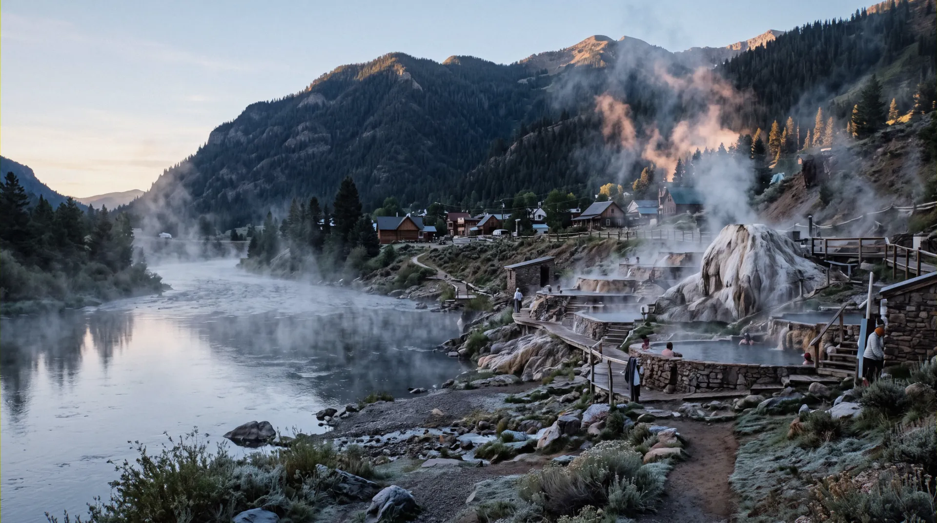Steam rising off terraced geothermal pools along the San Juan River at Pagosa Springs hot springs hotels in Colorado
