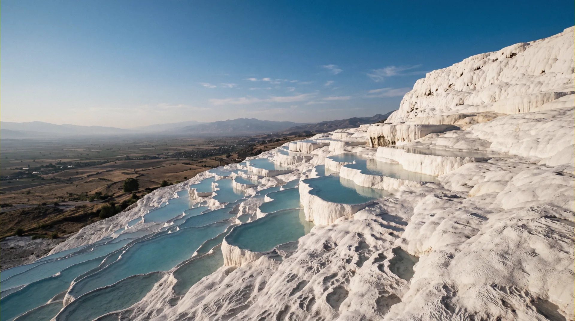Barefoot visitors on the water-covered walking channel across the Pamukkale hot springs travertines in Turkiye