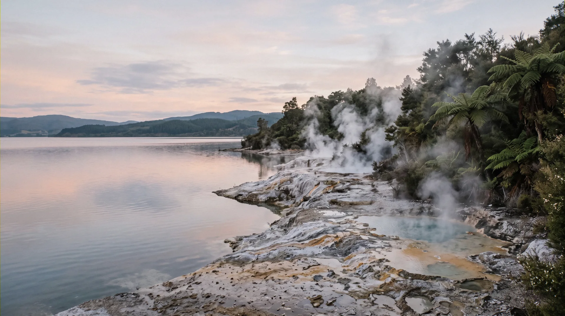 Steaming geothermal ground and lakeside bathing pools at the Rotorua hot springs, New Zealand