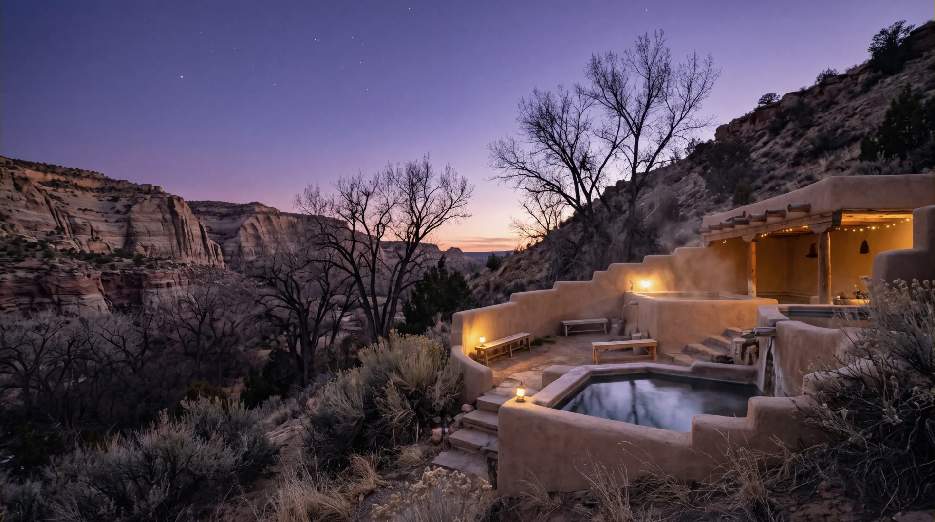 Steaming mineral pools below the cliffs at the hot springs north of Santa Fe, New Mexico