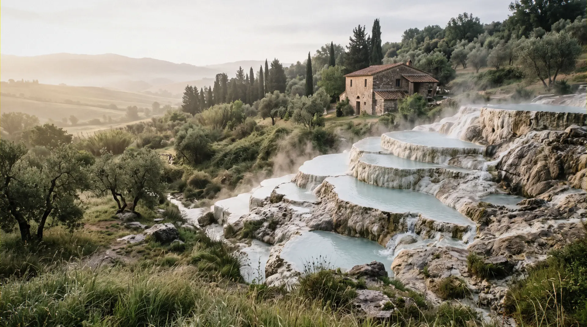 Warm water spilling over limestone terraces at the Saturnia hot springs, Cascate del Mulino, Tuscany